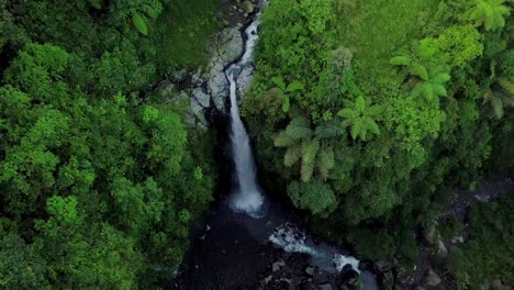 Vista-Aérea-De-Un-Dron-Volando-Sobre-La-Naturaleza-Vista-De-Una-Cascada-En-Medio-De-La-Densa-Arboleda