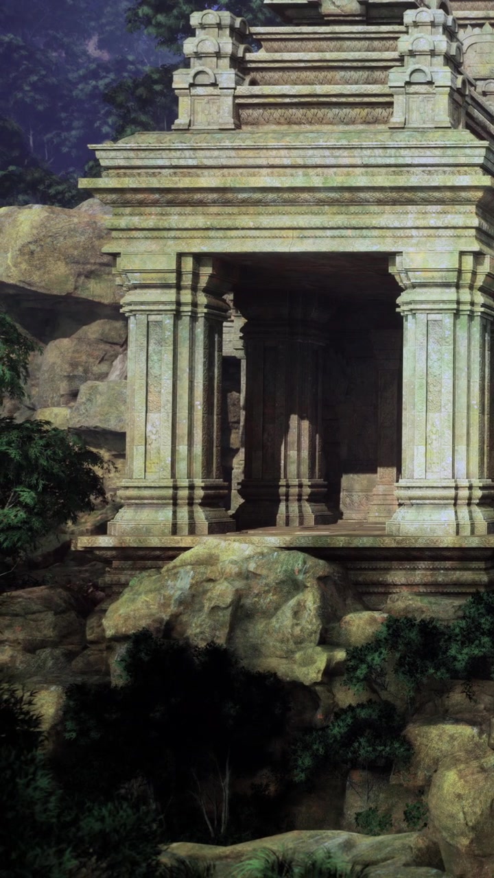 Antico tempio si erge tra colline rocciose sotto una luce solare soffusa.