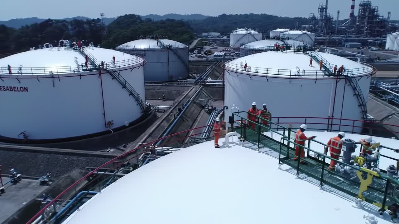Industrial Scene Featuring Large Storage Tanks and Workers Engaged in Operational Activities in a Petrochemical Facility
