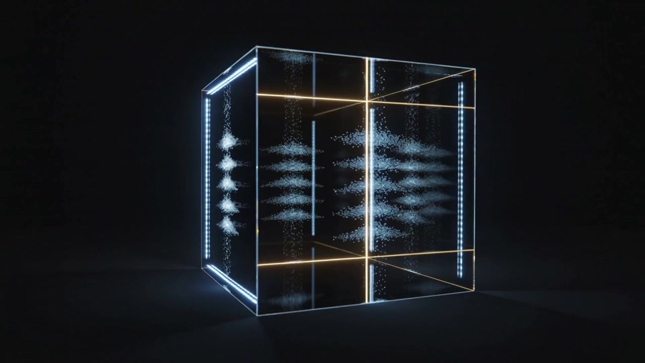 Playback starting rotating illuminated cube revealing particle waves and gold planes in dark studio