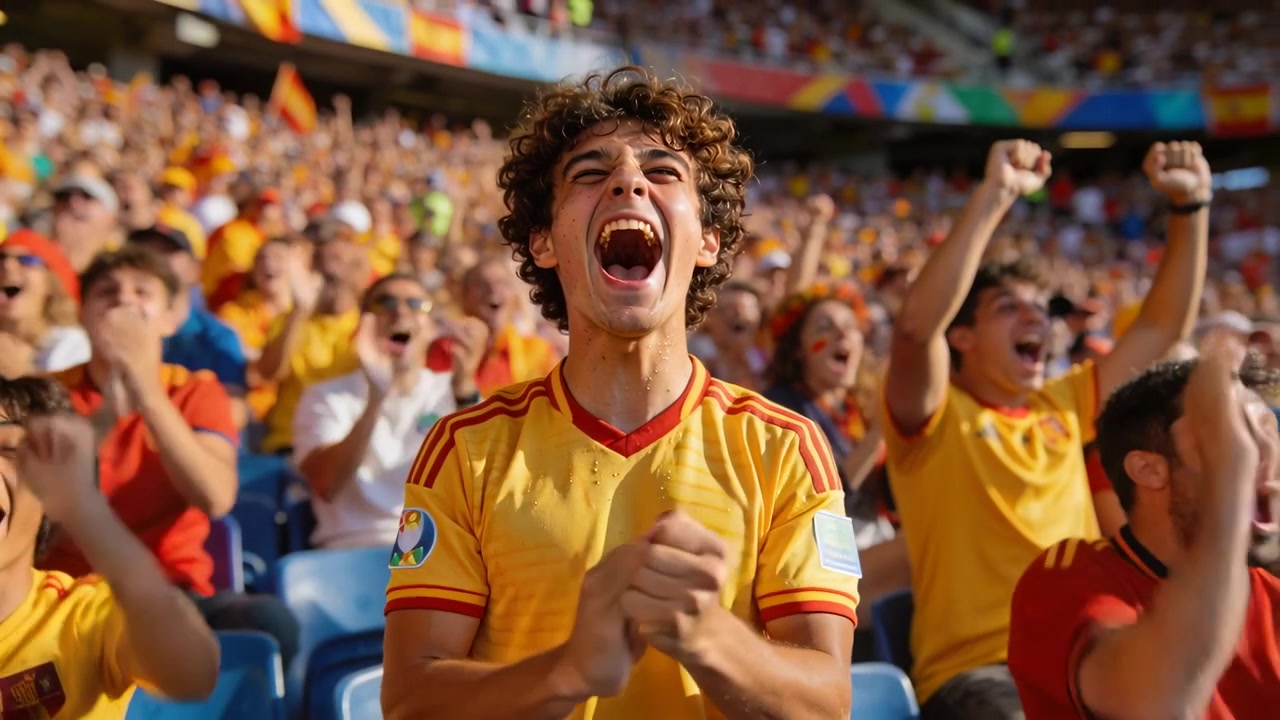 Aficionado masculino animando, gritando, aplaudiendo, levantando los puños en el estadio después de una gran jugada, con camiseta amarilla y roja