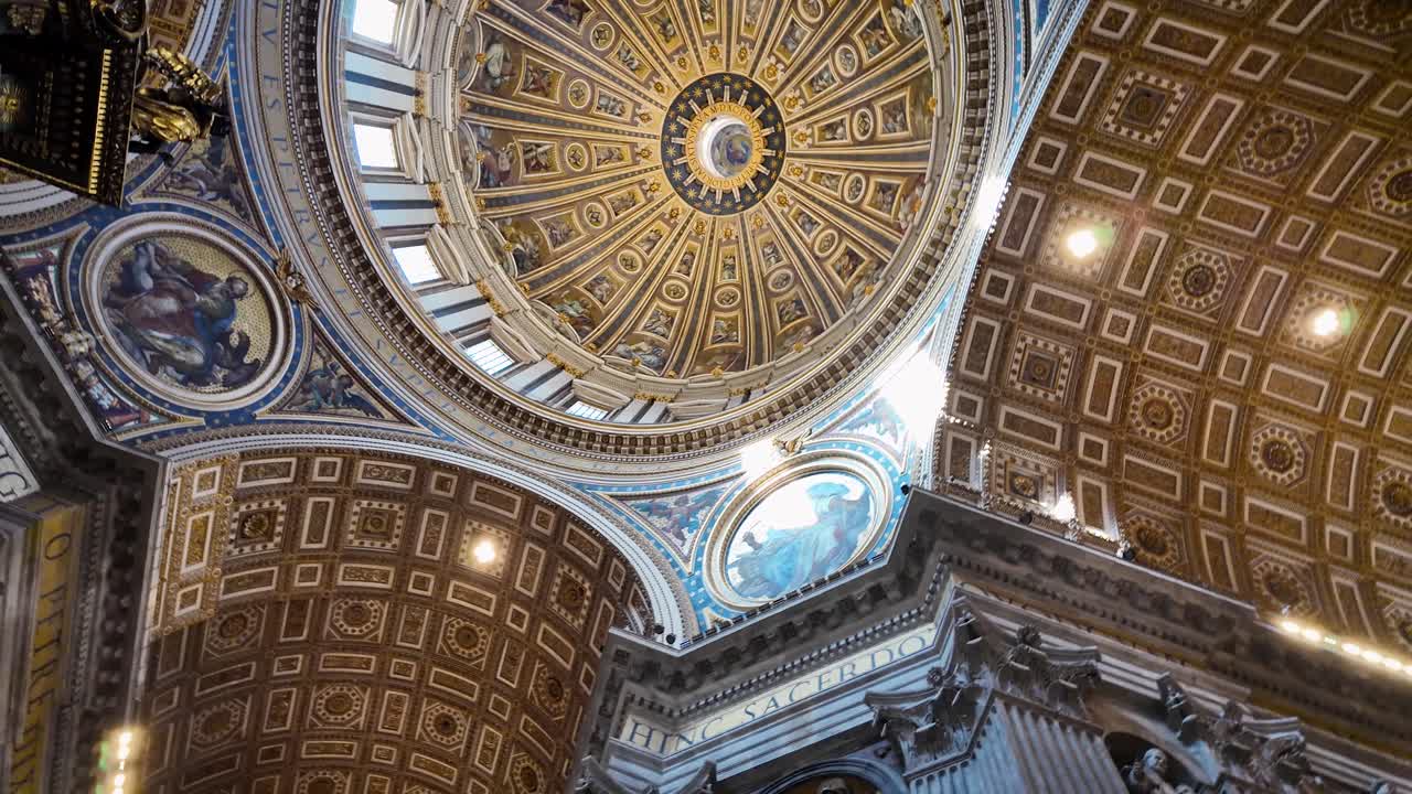 Panoramic orbital shot showcasing the fine arts expressed in the interior of St. Peter’s Basilica in Vatican City