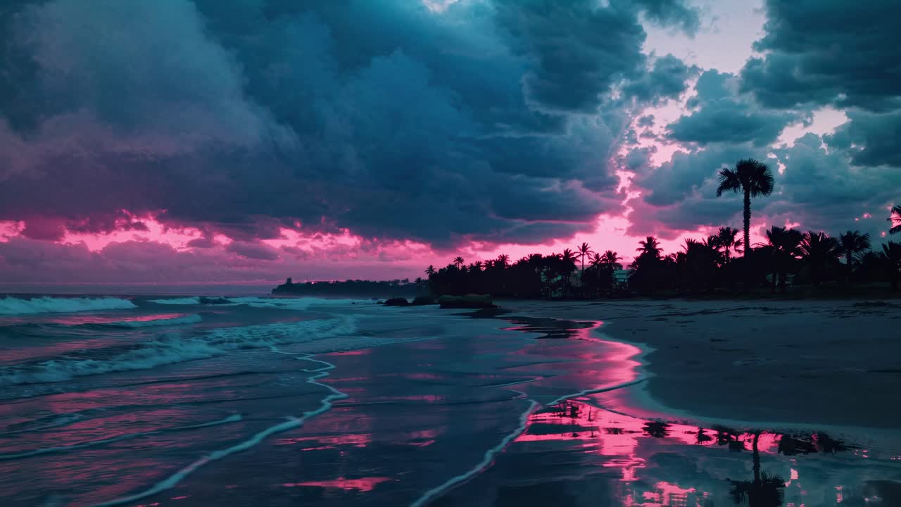 Fotogramma video cinematografico di una spiaggia al tramonto, con una vista dal basso che cattura nuvole suggestive