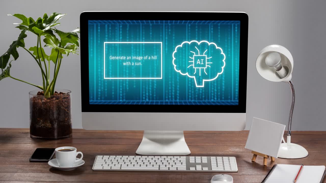 Animation of artificial intelligence text and data processing over computer screen