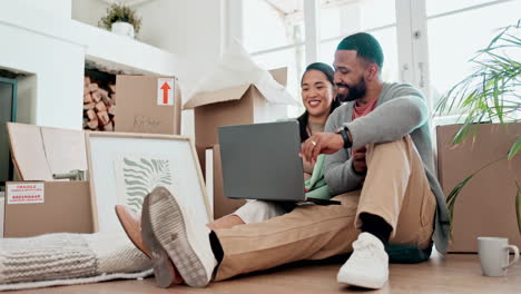 happy couple, boxes and laptop in real estate