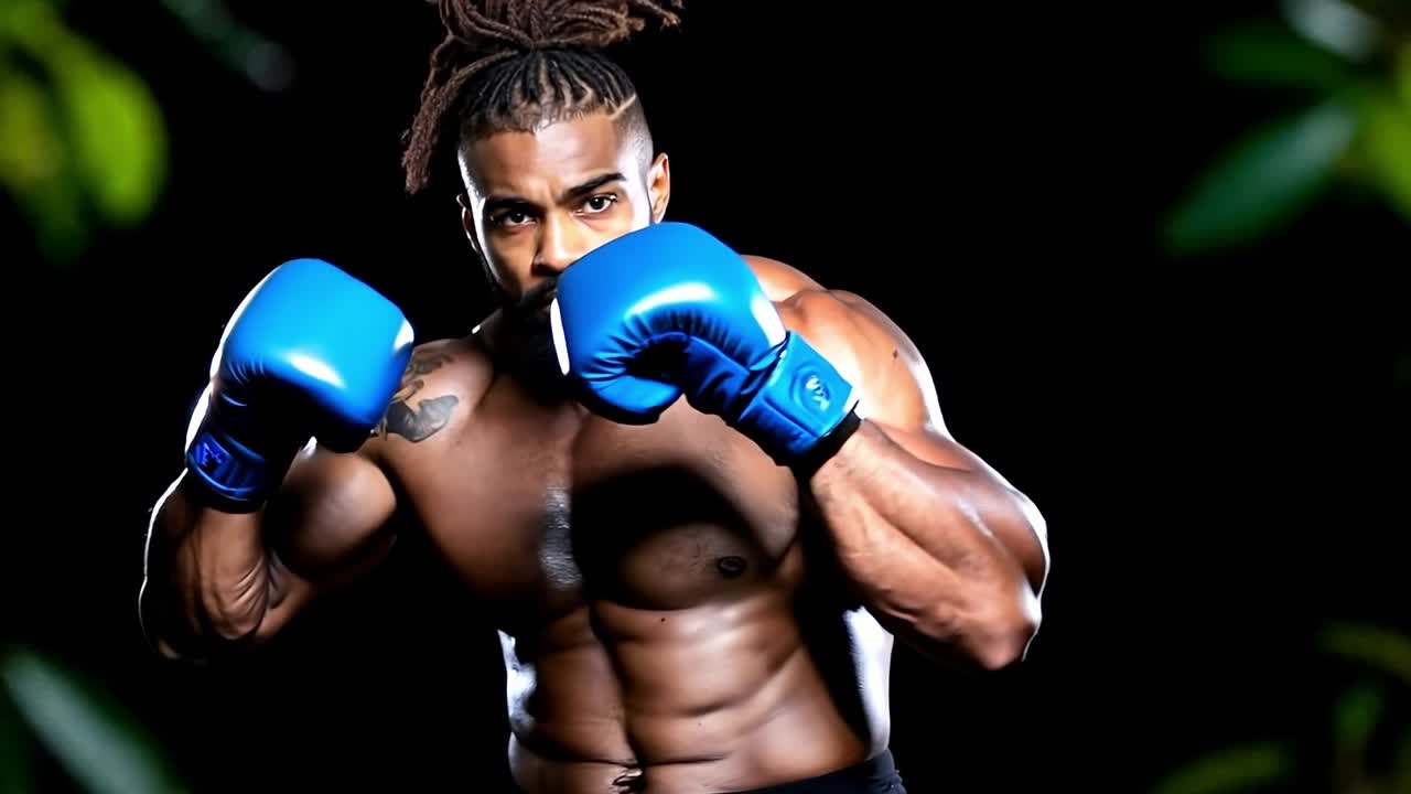un hombre con dreadlocks usando guantes de boxeo azules