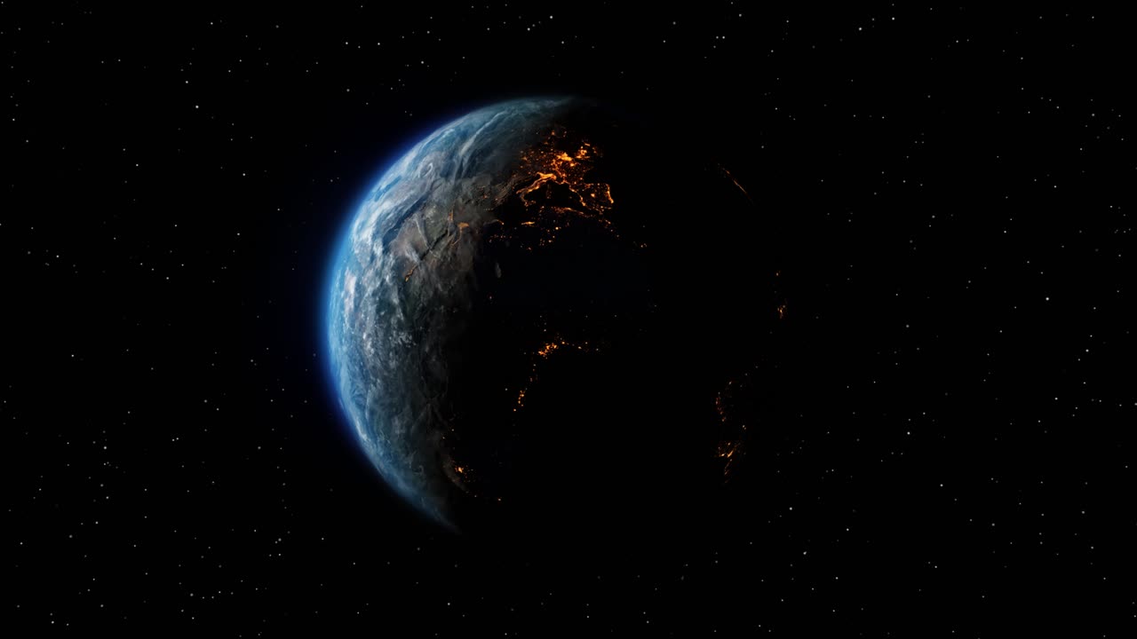 Beautiful planet totating earth from space star sunrise loop animation space planet galaxy stars