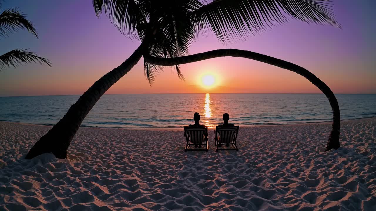 Casal em silhueta relaxa em uma praia tropical ao pôr do sol.