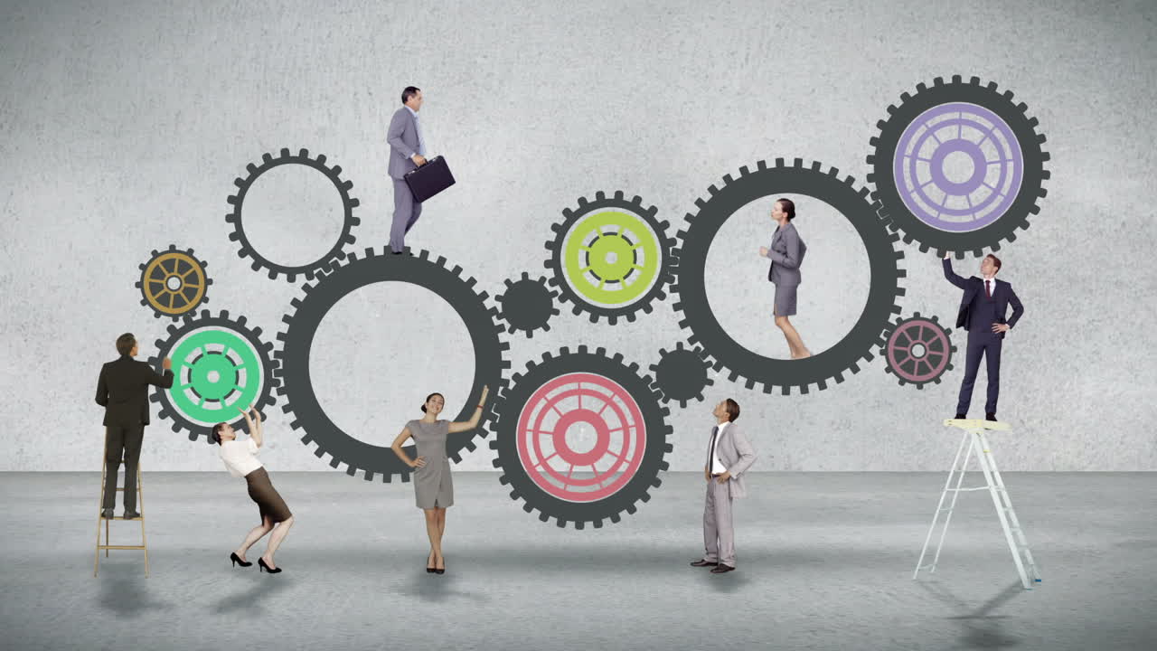 gente de negocios corriendo y girando engranajes