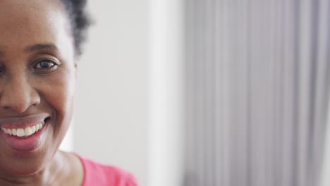 Video-half-face-portrait-of-happy-african-american-woman-laughing-to-camera-at-home,-with-copy-space