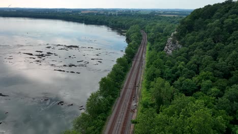 an aerial view of the railroad tracks along the susquehanna river in pennsylvania