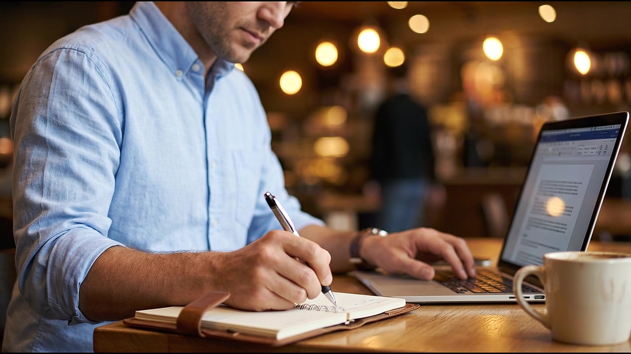 Professional taking handwritten notes beside laptop computer while working in cozy cafe environment