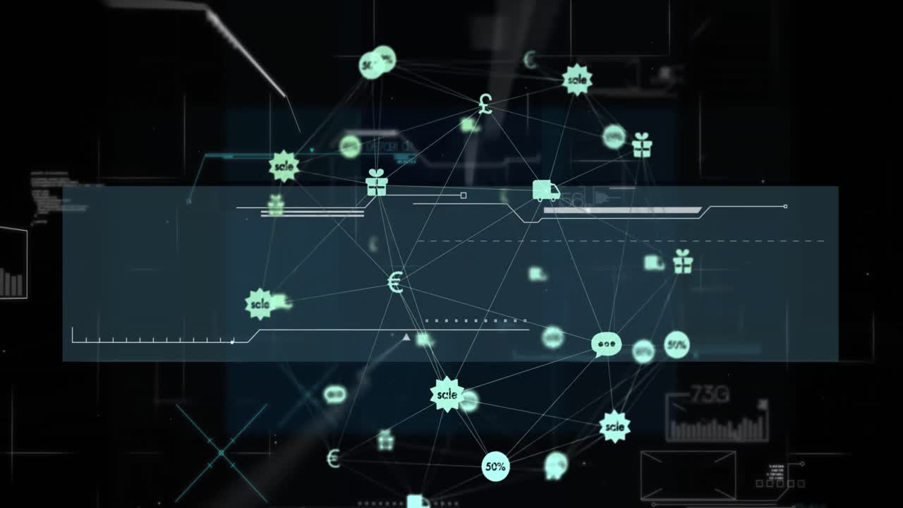 Animation of hud screen with programming language and icons connected with lines forming globe