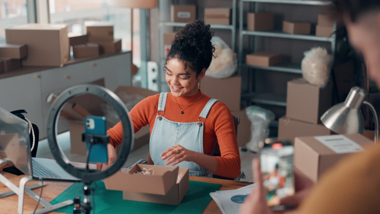 Woman filming product review with ring light