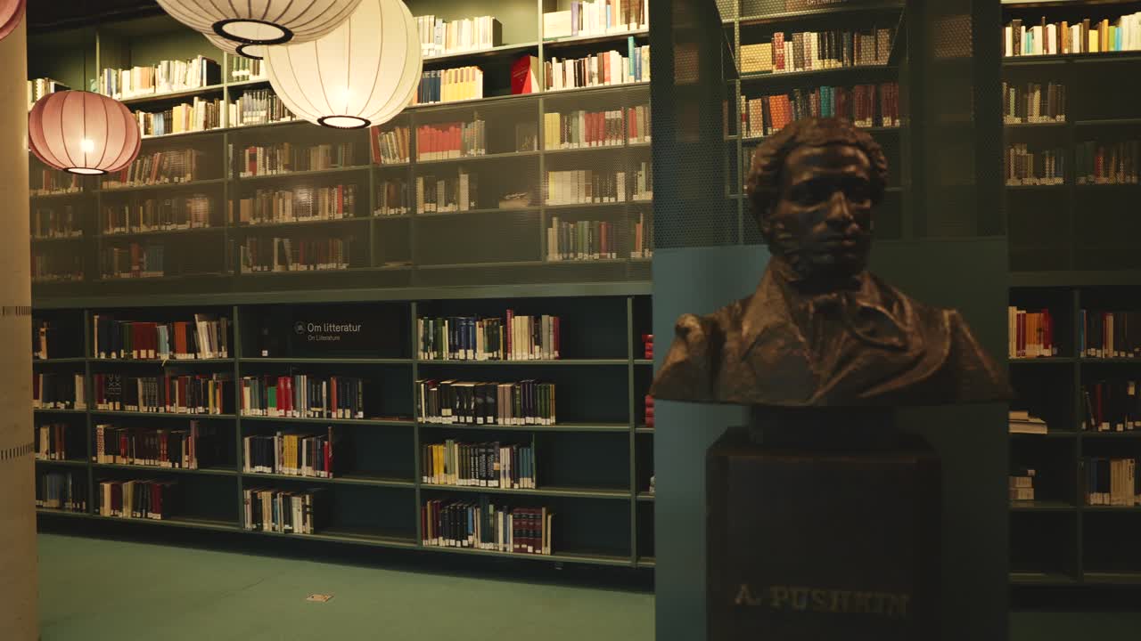 A historic-looking bookshelf filled with classic literature, adding a scholarly ambiance to the library.