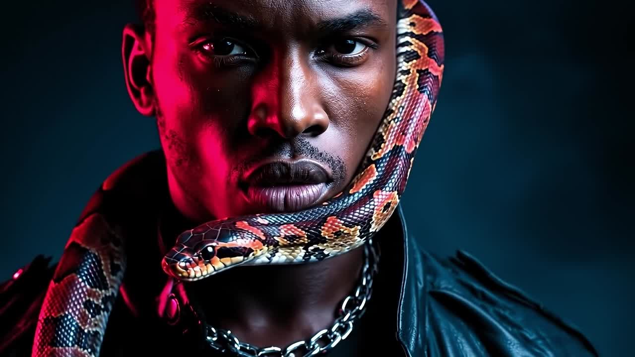 A man with a snake wrapped around his neck