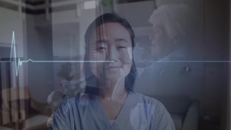 Animation-of-heart-rate-over-happy-asian-female-doctor-looking-at-camera