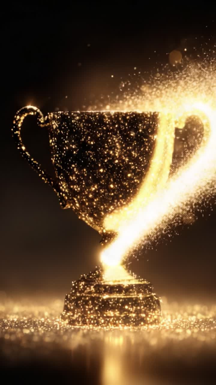 Uno splendido trofeo dorato scintillante di luce ed energia, che celebra traguardi e vittorie in una gloriosa dimostrazione di trionfo e successo.