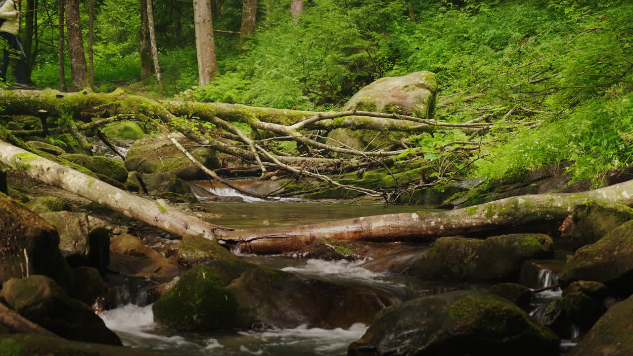 一名穿着羽绒外套的旅行者穿过一条山河,