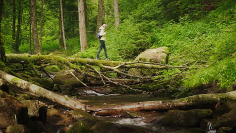 Ein-Reisender,-Eine-Frau-In-Einer-Daunenjacke,-überquert-Einen-Bergfluss-über-Ein-4k-Video