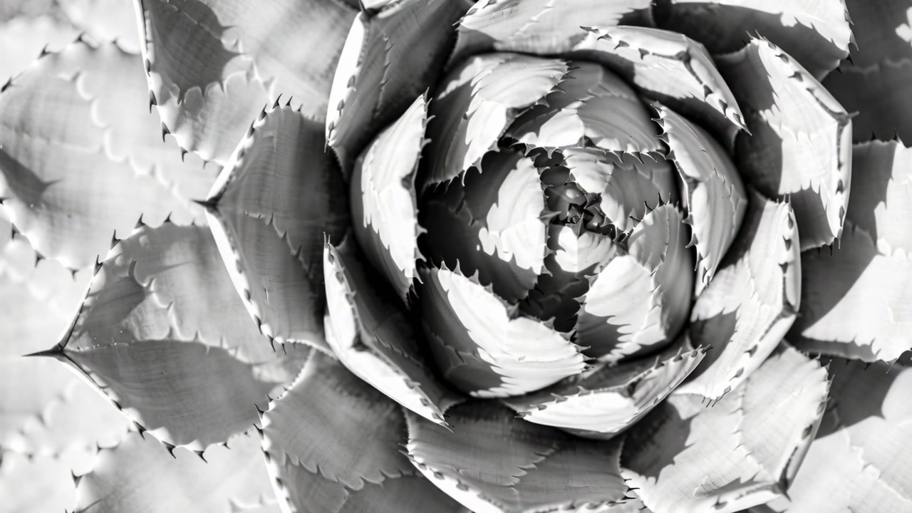 Telecamera che zooma rivelando il bocciolo centrale variegato di una succulenta dall'alto verso il basso, evidenziando le foglie seghettate.
