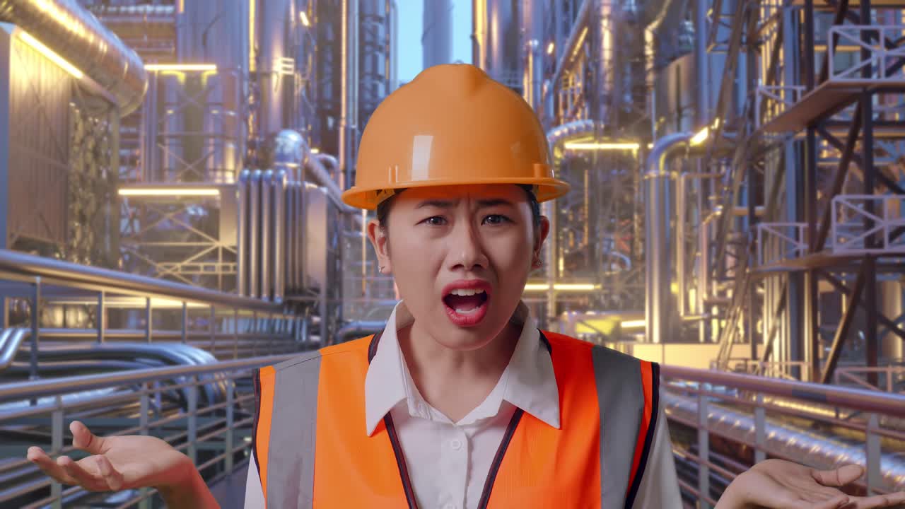 Close Up Of Wondering Asian Female Engineer With Safety Helmet Saying Why Working Doubtfully At A Vast Oil Refinery