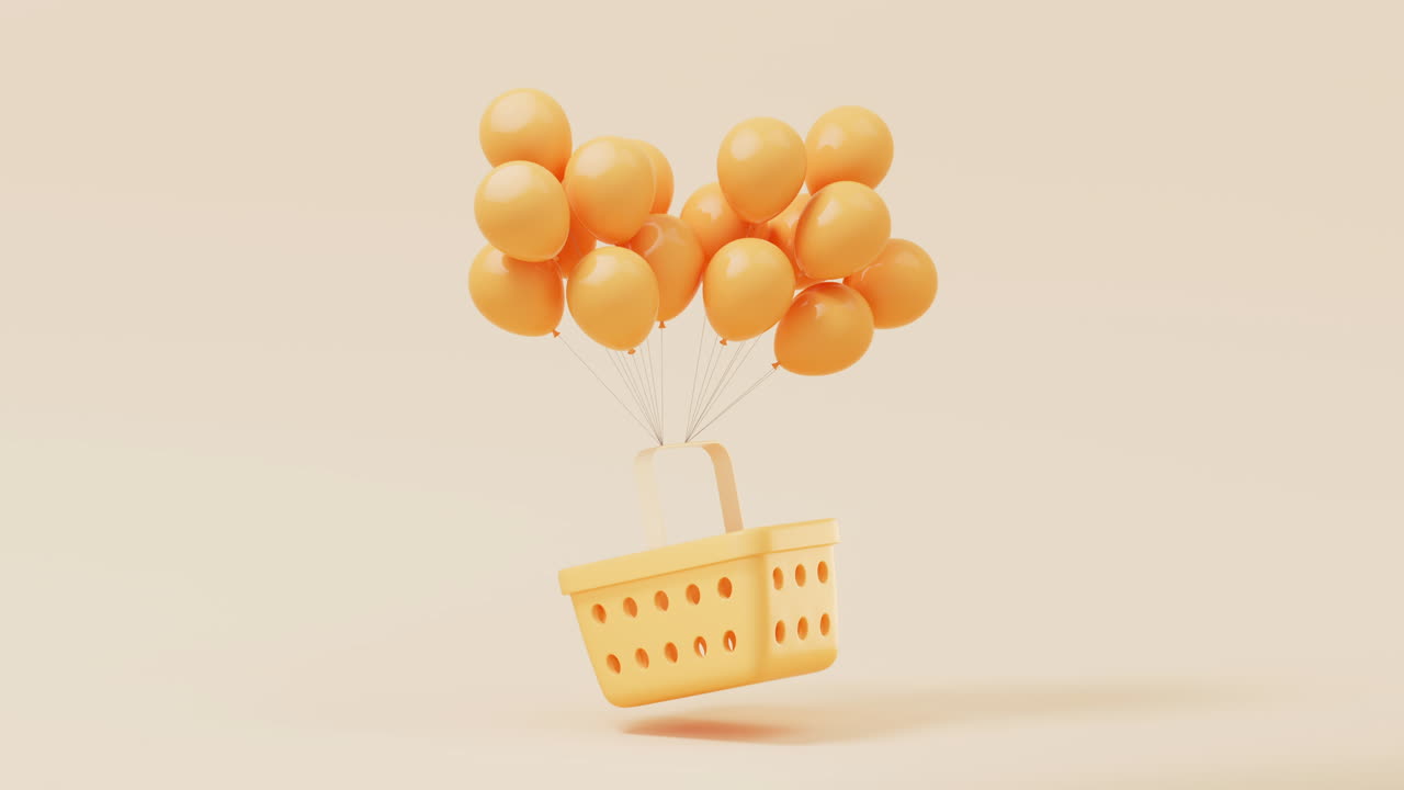 animación de bucle de la canasta de compras con globos, renderización en 3d.