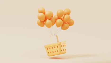 loop animation of shopping basket with balloons, 3d rendering.