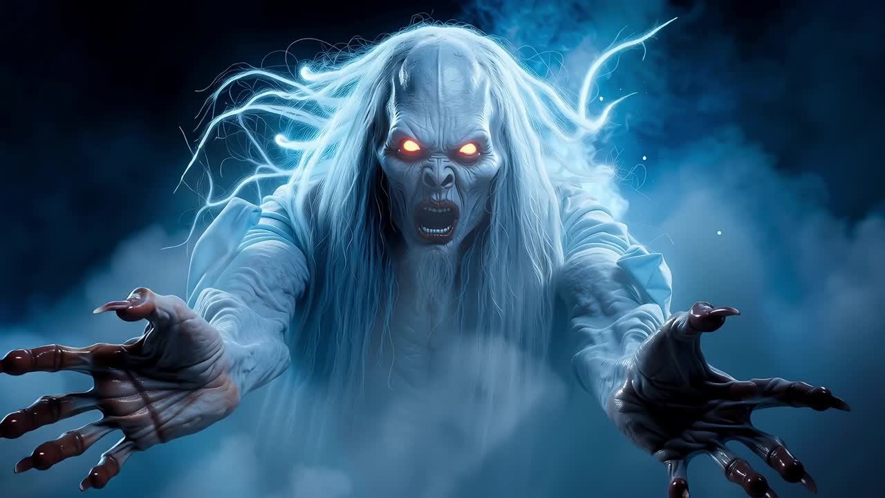 A creepy white monster with red eyes and long white hair