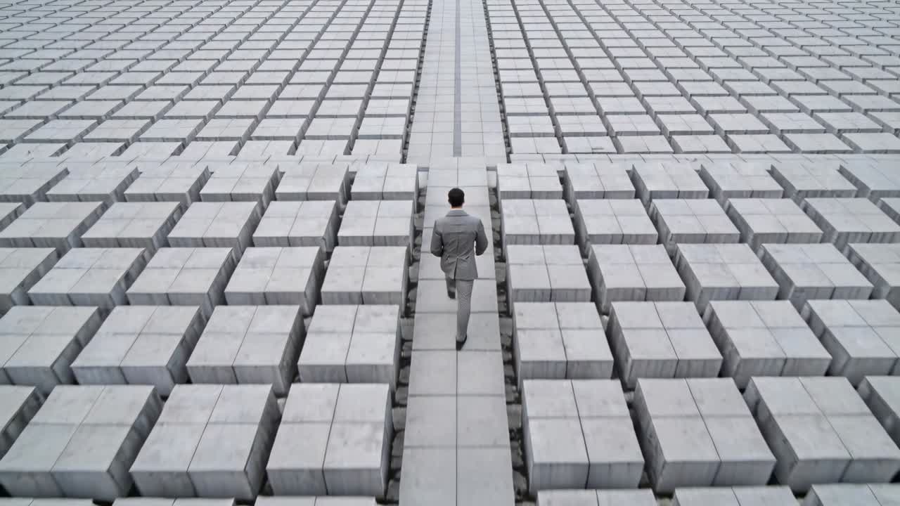 Walking man in gray suit starting distant, moving along tiled pathway toward lens amid block grid