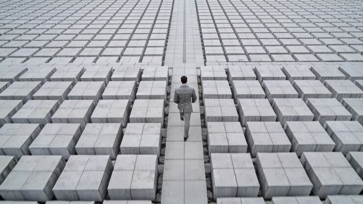 Walking man in gray suit starting distant, moving along tiled pathway toward lens amid block grid