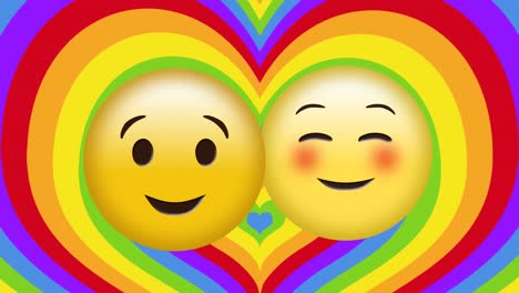 Animation-Von-Emoticons,-Die-Sich-über-Regenbogenherzen-Im-Hintergrund-Küssen