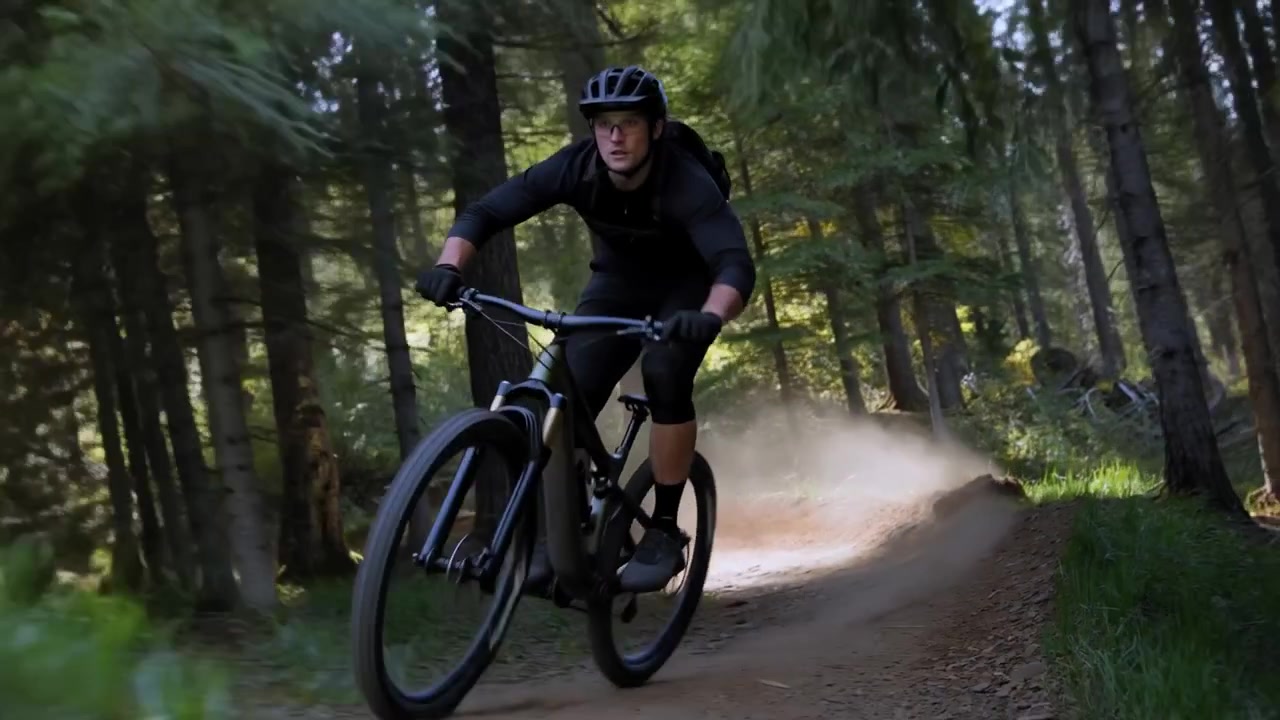 Ciclista con casco in sella a una mountain bike, che affronta una sponda su un sentiero nel bosco, mantenendo la velocità.