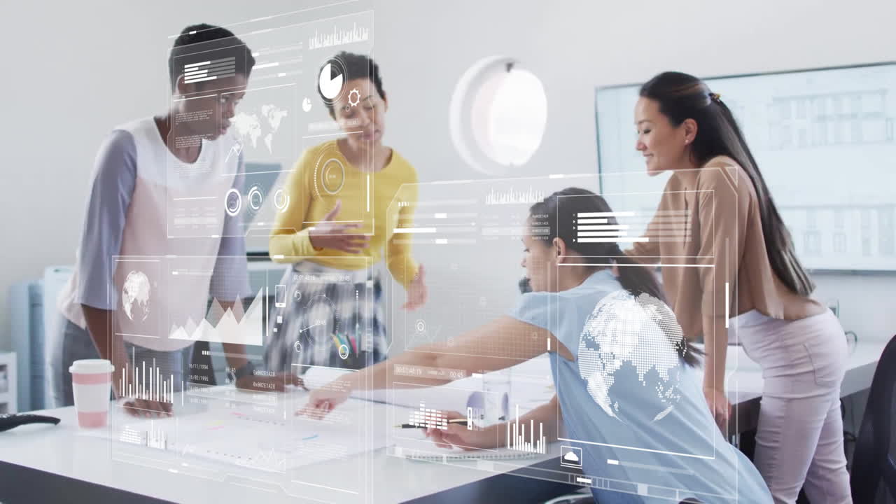 사무실에서 회의를 가진 다양한 동료들에 대한 데이터 처리의 애니메이션