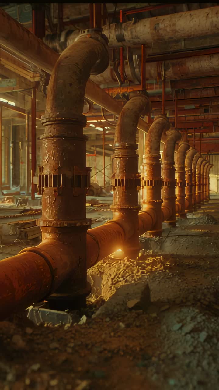 Vertical video: Tracking camera moving along rusted pipeline in derelict plant showing flange bolts