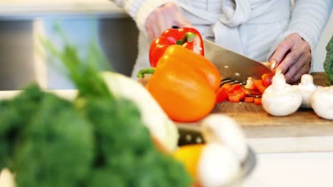 mid-section of woman chopping vegetables in kitchen