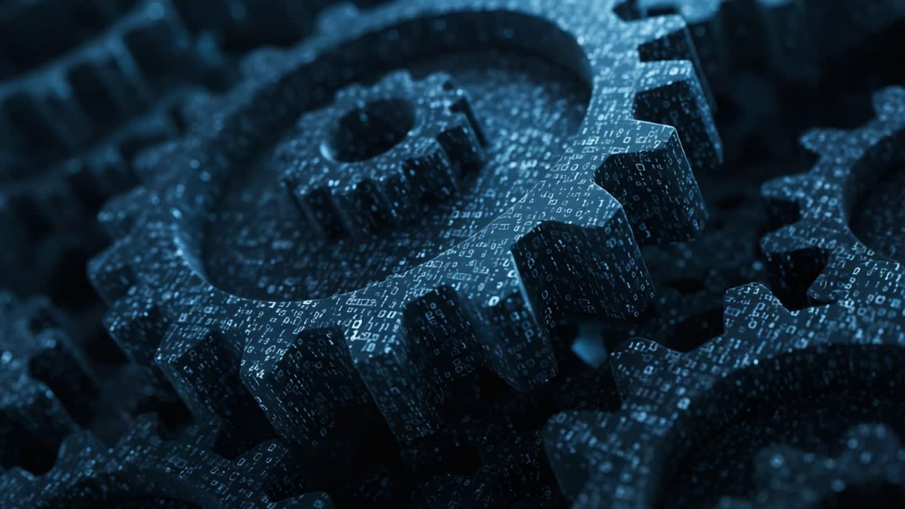 Intricate Digital Gears Interlocking with Binary Patterns, Illustrating the Fusion of Technology and Mechanics in a Futuristic Setting