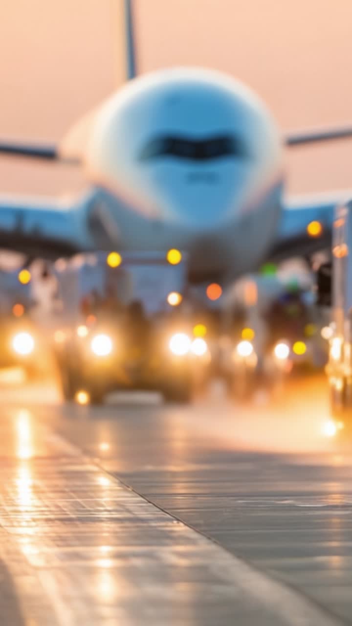 Una aeronave ocupa el centro de una concurrida pista mientras los vehículos de servicio maniobran a su alrededor durante una impresionante puesta de sol, destacando el ajetreo de las operaciones aeroportuarias