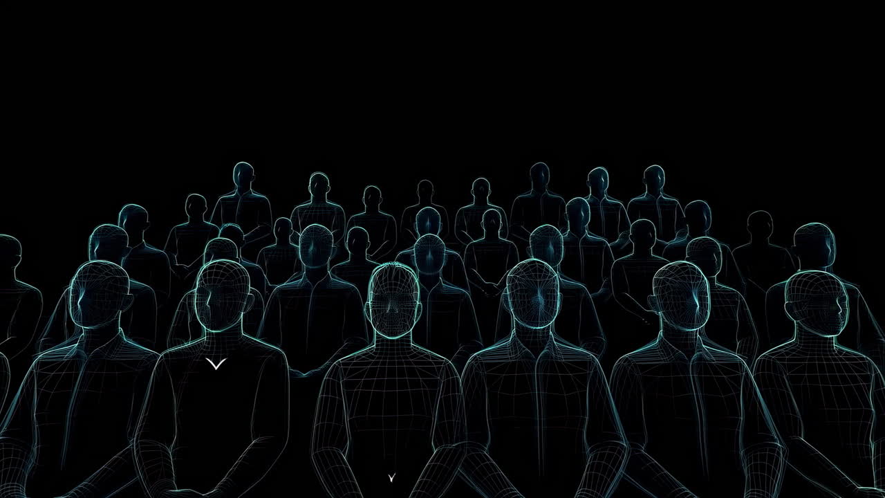Abstract Digital Wireframe Audience Appearing in Dark Space