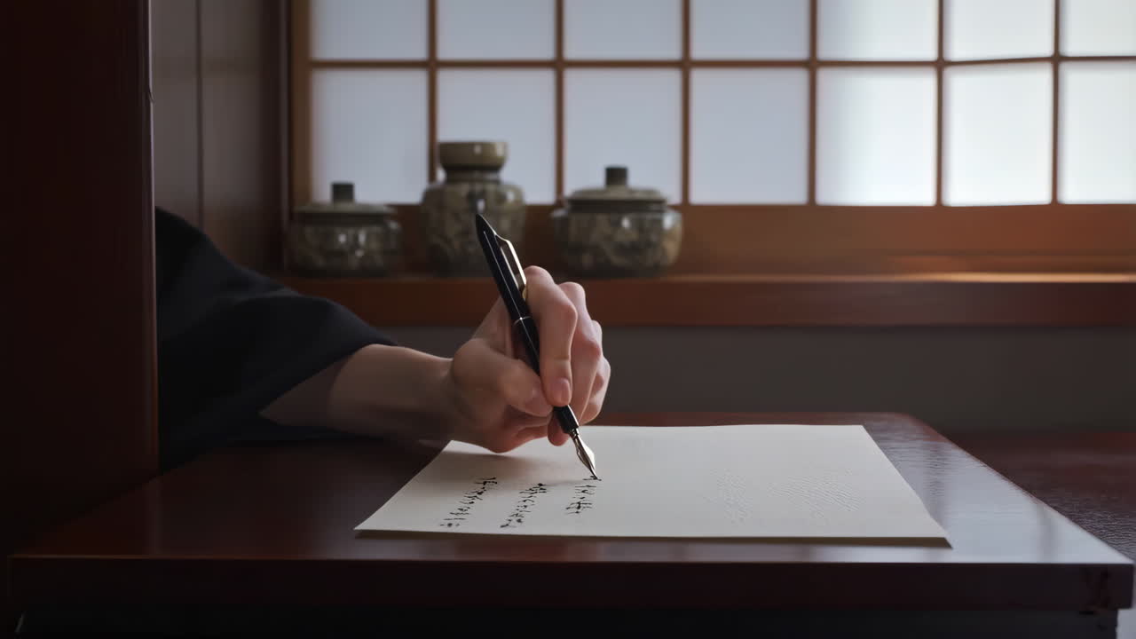 Person Writing Japanese Calligraphy in a Traditional Japanese Setting