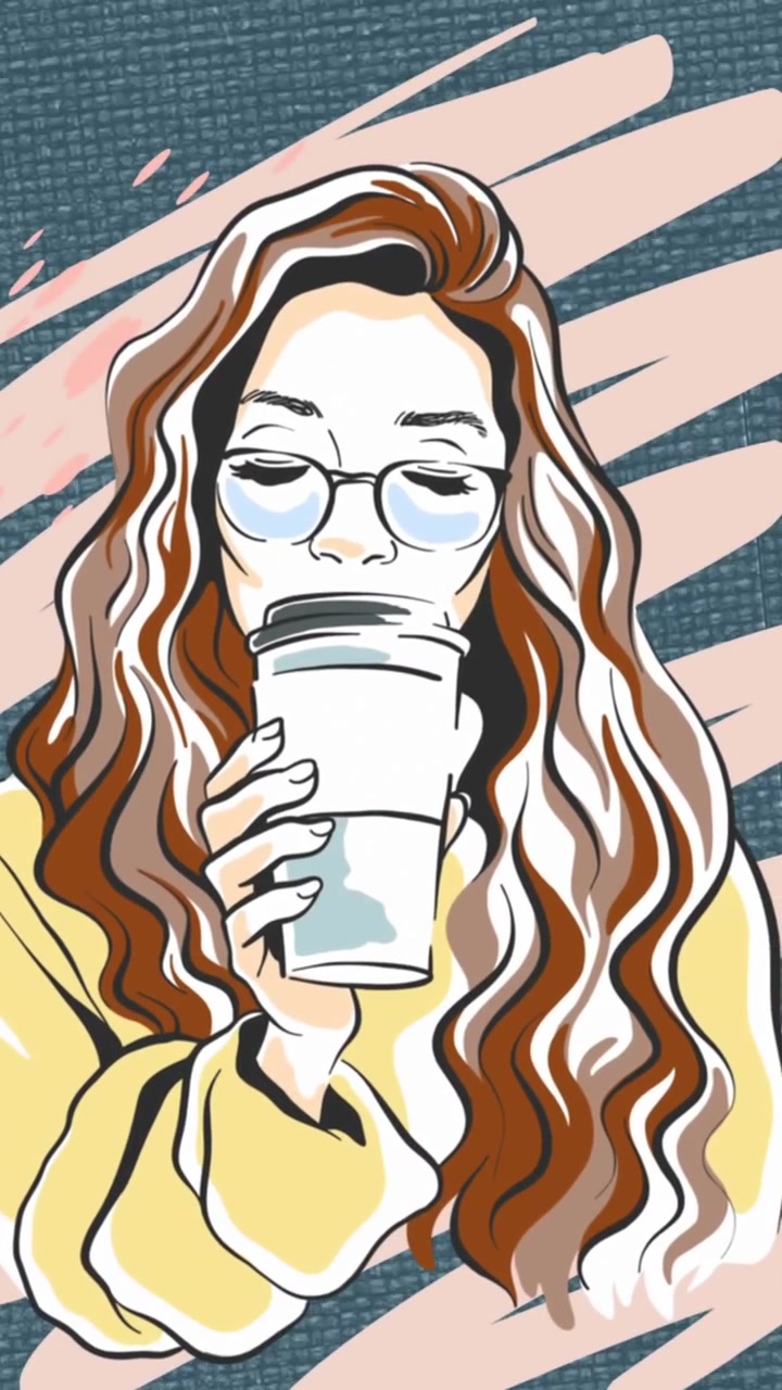 Animazione di una donna che beve caffè su uno scarabocchio rosa su sfondo blu testurizzato in movimento