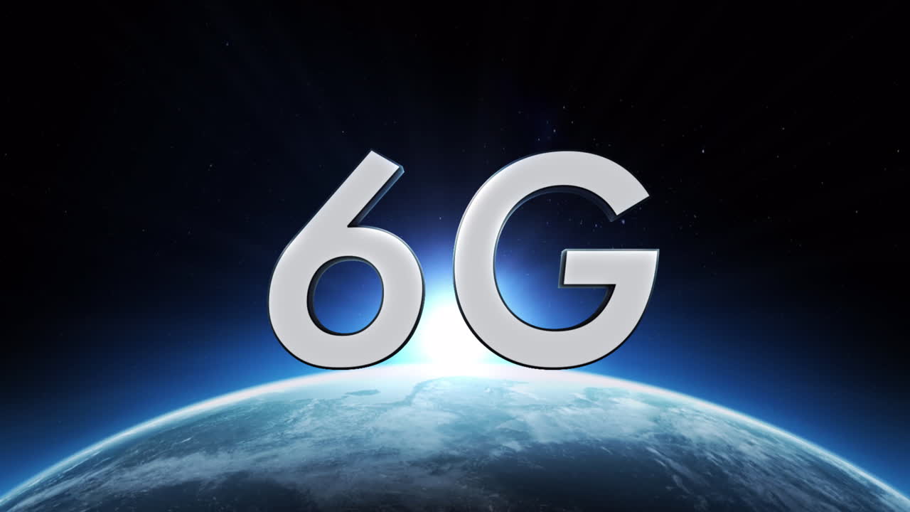 animación de texto de 6g sobre un globo giratorio y el sol visto desde el espacio