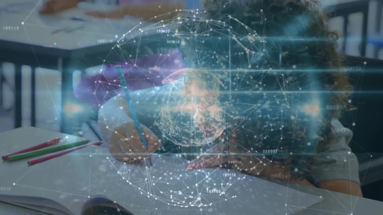 Hologram globe spinning in classroom inspiring girl using colored pencils while sketching notebook