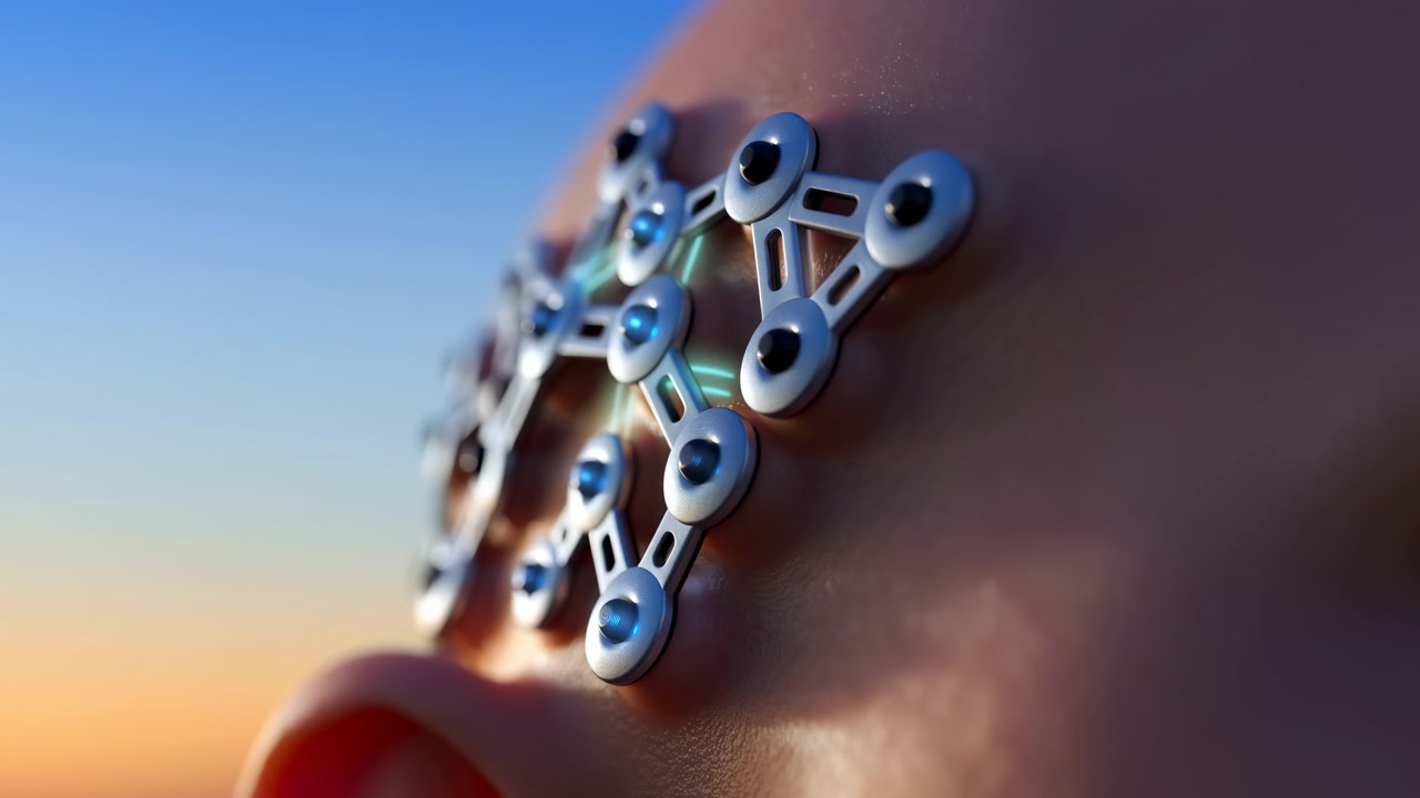 Macro view reveals shiny metal pieces attached to rounded surface with highlights and shadows, creating textured abstract composition with warm background tones and detailed reflective materials.