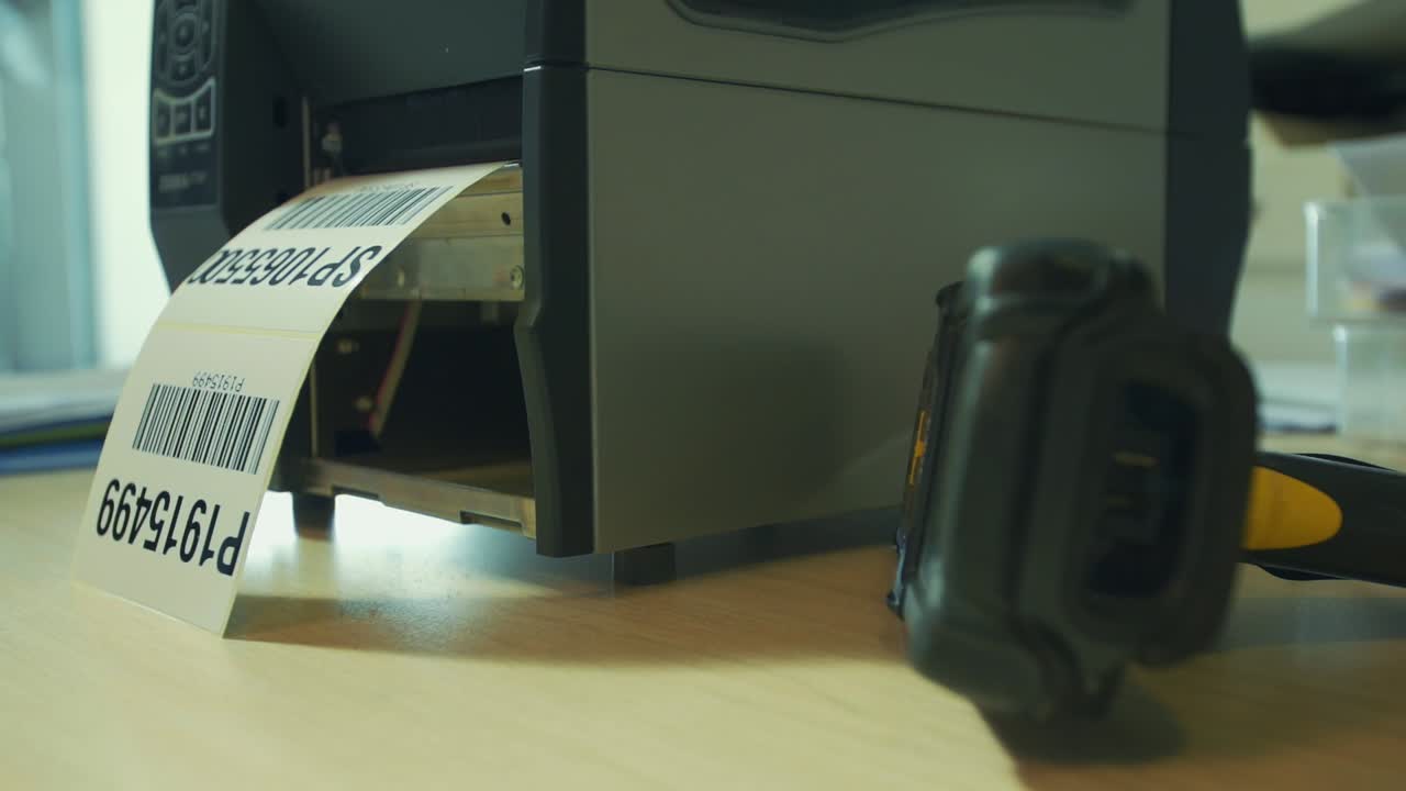 primer plano de los códigos de barras que salen de la impresora de códigos de barras