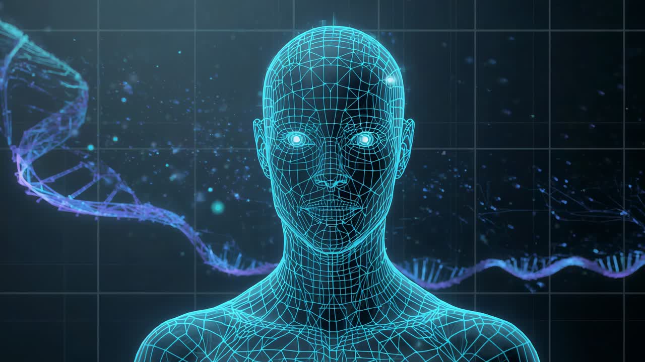 Showing cyan wireframe bust reacting to entering DNA helix at data grid, with glowing eyes
