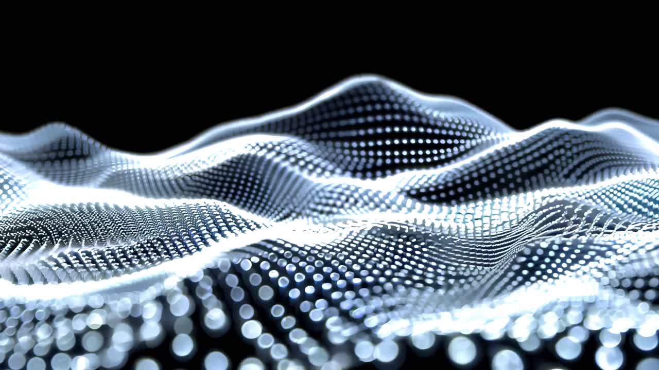 A close up of a blue and white surface with many small dots. The surface appears to be a wave or a mountain range. The image has a futuristic and abstract feel to it