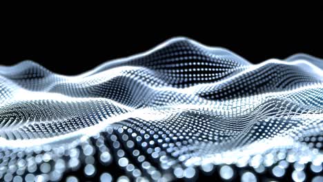 a close up of a blue and white surface with many small dots. the surface appears to be a wave or a mountain range. the image has a futuristic and abstract feel to it