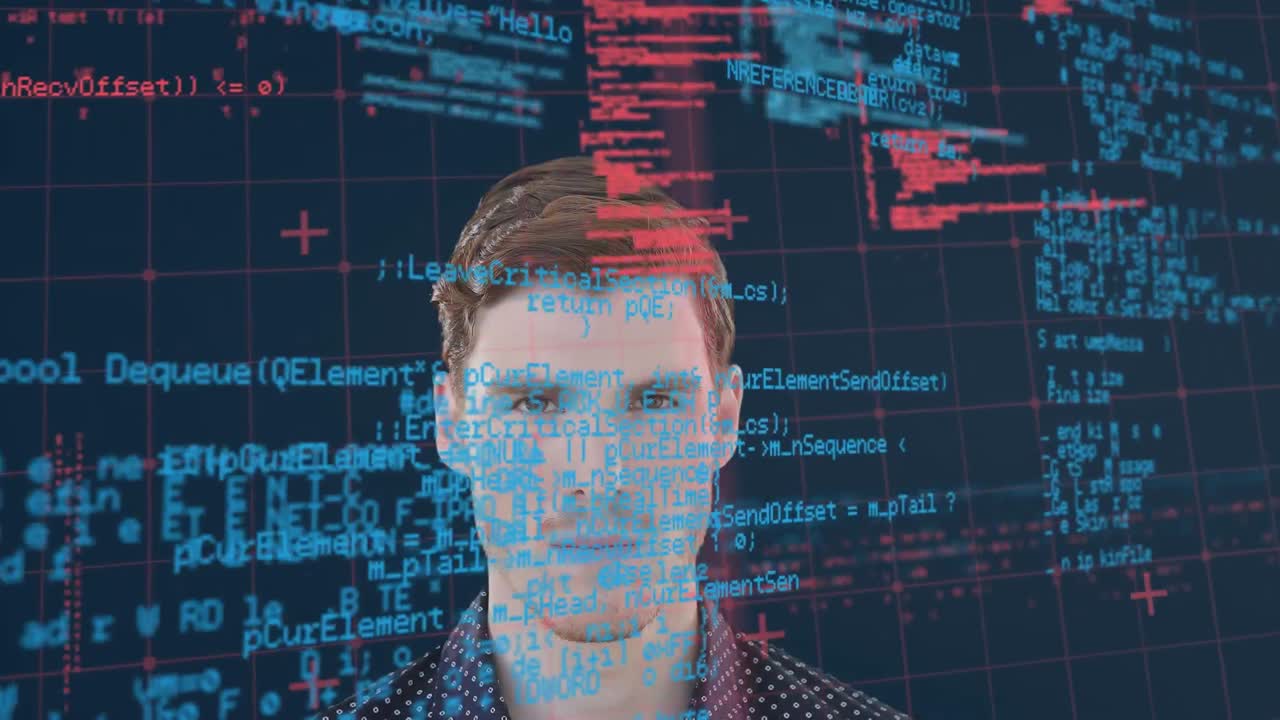 Animation of interface with grid and red and blue data processing over smiling caucasian man