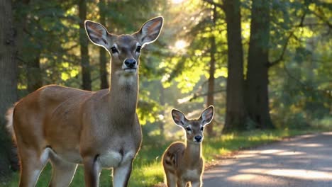 doe and fawn standing on road in sunlit forest